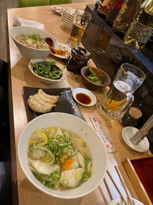 The full shabang (minus 4 eaten dumplings)  at Gyozaoh Dotonbori in Osaka