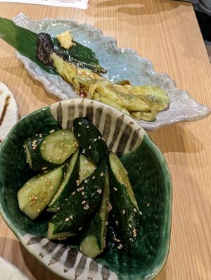 Grilled eggplant and the pickled cucumber were really good at Gyozaoh Dotonbori in Osaka