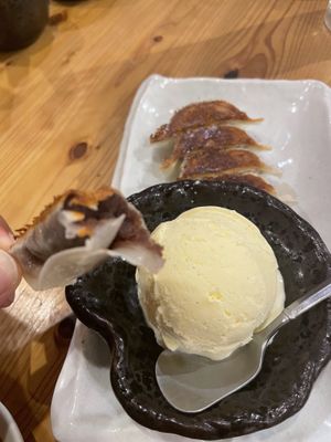 Red bean filled gyoza with vanilla ice cream  at Gyozaoh Dotonbori in Osaka