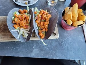 Angharad's Tacos (Small) and Chunky Chips at Dylan's in Menai Bridge