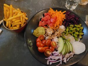 Seasoned Fries and Dylan's Poke Bowl at Dylan's in Menai Bridge