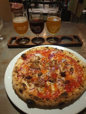 Vegan haggis pizza at Shilling Brewing Company in Glasgow
