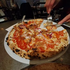 Veggie haggis, red onion, irn bru chilli jam pizza at Shilling Brewing Company in Glasgow