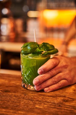 many vegan Cocktails - pictured here is the Gin-Basil-Smash at HeimWerk Altstadt in Dusseldorf
