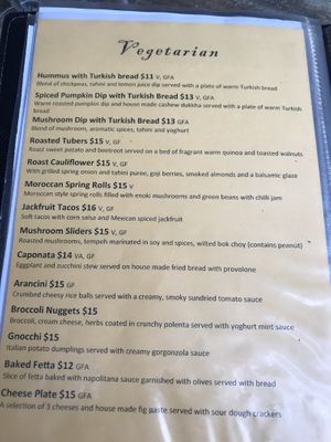 Vegetarian menu with vegan options clearly marked   at Gypsy Tapas House in Fremantle
