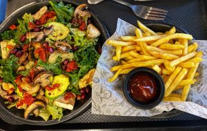 Roasted veggies salad with french fries 🥗   at Meet The Veganz in Beirut