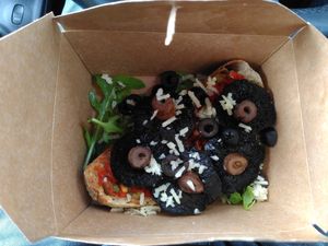 Tostada: mushrooms (usually I don't like, but quite well done and only a tiny bit rubbery), capers, pine nuts, cheese, rocket salad, spicy harissaesque pesto style spread on sourdo at The Guillemot Kitchen Cafe in Bangor