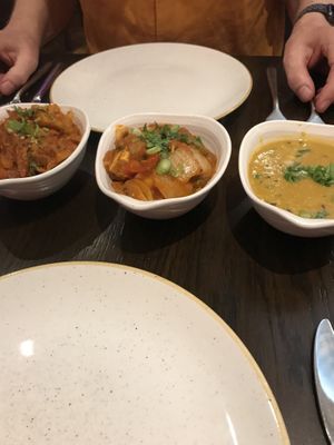 Jackfruit dish, tofu dish, lentil dish at Yaks in Bangor