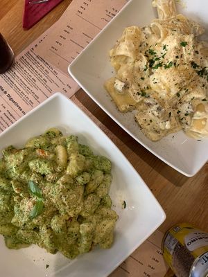 Cheese pesto gnocchi and carbonara  at Sora Lella Roman Vegan Restaurant in Edinburgh