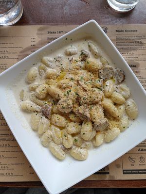 Creamy truffle and mushroom gnocchi at Sora Lella Roman Vegan Restaurant in Edinburgh