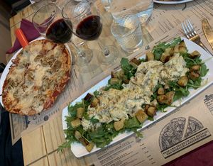 Meat feast pizza and straccetti de seitan ai  porcini at Sora Lella Roman Vegan Restaurant in Edinburgh