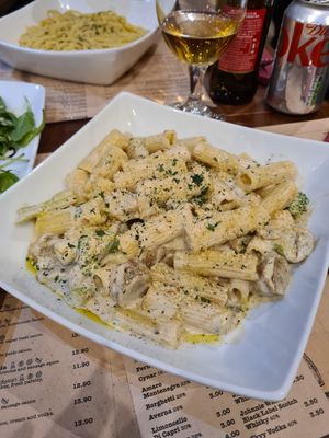 Rigatoni broccoli porcini e salsiccia at Sora Lella Roman Vegan Restaurant in Edinburgh
