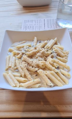 Penne Quattro Formaggi e Porcini at Sora Lella Roman Vegan Restaurant in Edinburgh