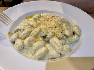 Sausage and truffle gnocchi  at Sora Lella Roman Vegan Restaurant in Edinburgh