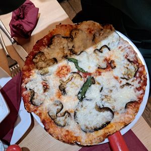 Aubergine pizza at Sora Lella Roman Vegan Restaurant in Edinburgh
