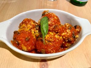 ZOCCOLETTE FRITTE ALL' ARRABBIATA E PARMIGIANO (SPICY) - pizza dumplings with spicy arrabbiata sauce and parmesan. at Sora Lella Roman Vegan Restaurant in Edinburgh
