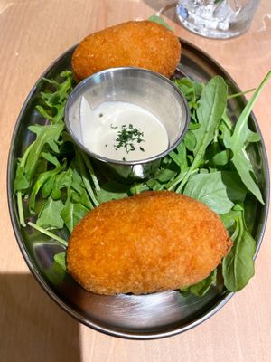 SUPPLI ROMANI - fried Bolognese rice balls filled with mozzarella, accompanied with mayo. at Sora Lella Roman Vegan Restaurant in Edinburgh