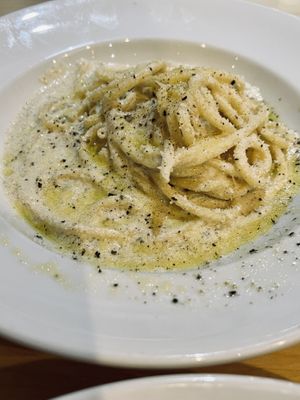 Bucatini cacio e Pepe   at Sora Lella Roman Vegan Restaurant in Edinburgh