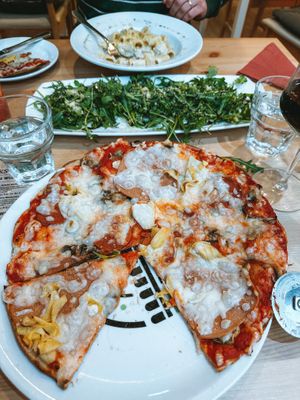 Pizza, rocket salad and pasta 🍝   at Sora Lella Roman Vegan Restaurant in Edinburgh