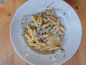 Penne Quatro Formaggi a Fungi at Sora Lella Roman Vegan Restaurant in Edinburgh