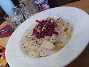 Blown away by the first bite!! Delicious gorgonzola gnocchi at Sora Lella Roman Vegan Restaurant in Edinburgh