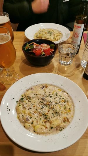 Vegan gorgonzola gnocchi & mushroom pasta with simple salad in the middle. Very good but too salty:( at Sora Lella Roman Vegan Restaurant in Edinburgh