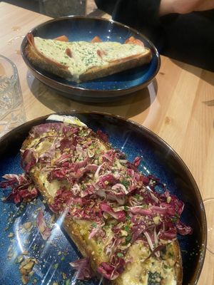 Ham and Cheese Crostini (look at that melty cheese!) and Gorgonzola and Walnut Crostinii  at Sora Lella Roman Vegan Restaurant in Edinburgh