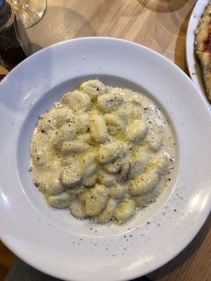 gnocchis with truffle sauce and sausages (take that!!)   at Sora Lella Roman Vegan Restaurant in Edinburgh