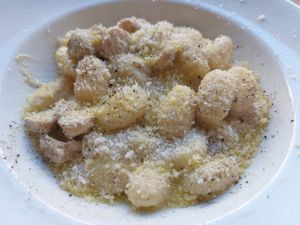Gnocchi with truffle sauce at Sora Lella Roman Vegan Restaurant in Edinburgh
