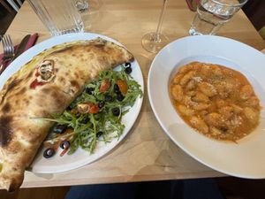 Calzone and gnocchi  at Sora Lella Roman Vegan Restaurant in Edinburgh