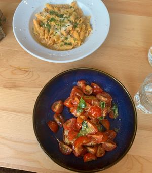 Gluten free bruschetta al pomodoro & penne a la vodka   at Sora Lella Roman Vegan Restaurant in Edinburgh