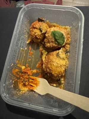 zoccolette fritte all’ arrabbiata e parmigiana  at Sora Lella Roman Vegan Restaurant in Edinburgh