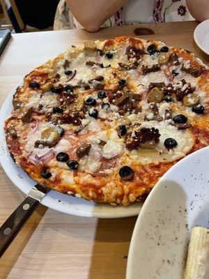 Meat feast pizzaa  at Sora Lella Roman Vegan Restaurant in Edinburgh