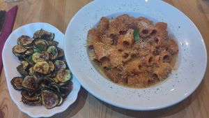 Mezze all'amatriciana and fried courgette at Sora Lella Roman Vegan Restaurant in Edinburgh