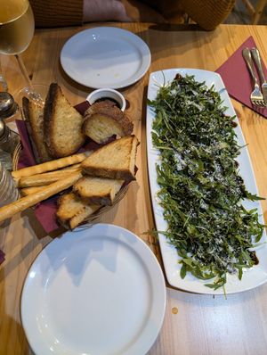 Bread & oil, rocket salad with balsamic at Sora Lella Roman Vegan Restaurant in Edinburgh