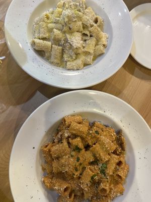 Carbonara (cream sauce) and Zozzana (red)  at Sora Lella Roman Vegan Restaurant in Edinburgh