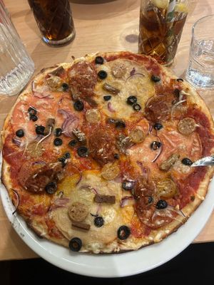 Pizza Meat Feast – the meat alternatives were very good and the cheese also surprised us. at Sora Lella Roman Vegan Restaurant in Edinburgh