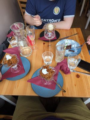 Our desserts, mid consumption. We were too engrossed in eating our main course to take pics of that... at Sora Lella Roman Vegan Restaurant in Edinburgh