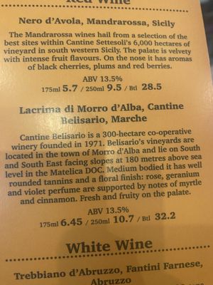 Some of their wine   at Sora Lella Roman Vegan Restaurant in Edinburgh