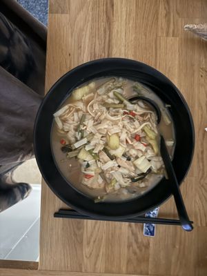 spicy greens and vegan chicken pho noodle soup  at Pho - Ealing in West London