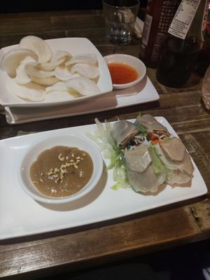 Chicken summer rolls with peanut sauce at Pho in Manchester