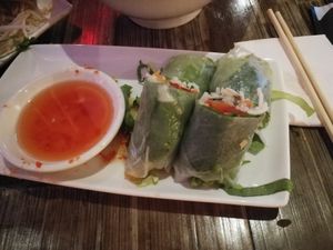 Summer rolls with veggies (also THISTM isn’t chicken  available) and vegan version of the traditiona nước chấm sauce at Pho in Manchester