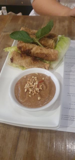 Crispy spring rolls - Chả giò
served with lettuce & herbs to wrap & peanut sauce dip at Pho in Manchester
