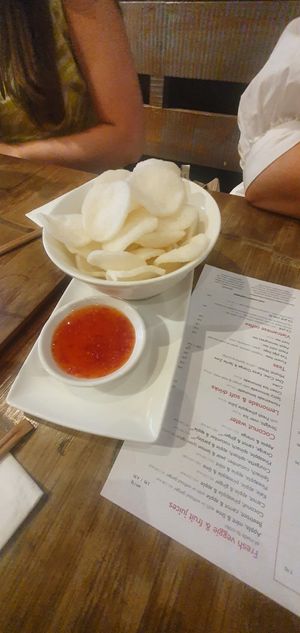 'Prawnless' crackers with sweet chilli sauce at Pho in Manchester