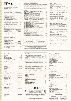 Menu at Pho in Portsmouth