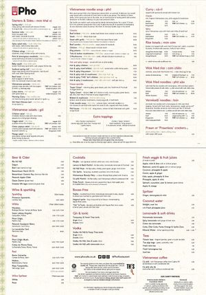 Menu at Pho in Portsmouth