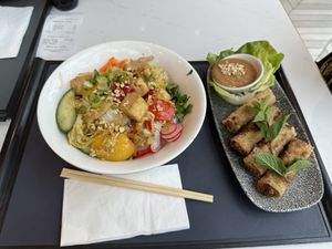 Vegan rice Bowl with tofu and veg + springrolls  at Pho - White City in West London