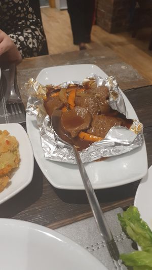 Taster menu: foil wrapped 'beef' in Cantonese sauce at Ruyi Vegetarian House  in Manchester