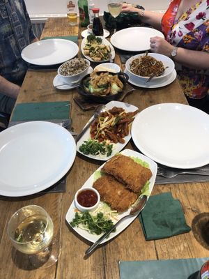 prawns, hot pot, rice, noodles, crispy schezuan beef, pork cutlet   at Ruyi Vegetarian House  in Manchester