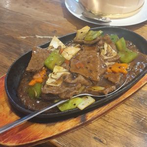 Sizzling mock beef in black bean sauce - very good at Ruyi Vegetarian House  in Manchester